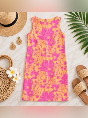 System Sleeveless Pink & Yellow Floral Shift Dress Large